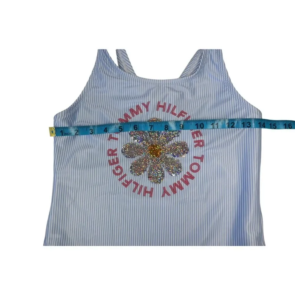 Tommy Hilfiger Girls Blue and White Stripe‎ Sequin Flower Swimsuit Size XL(16)